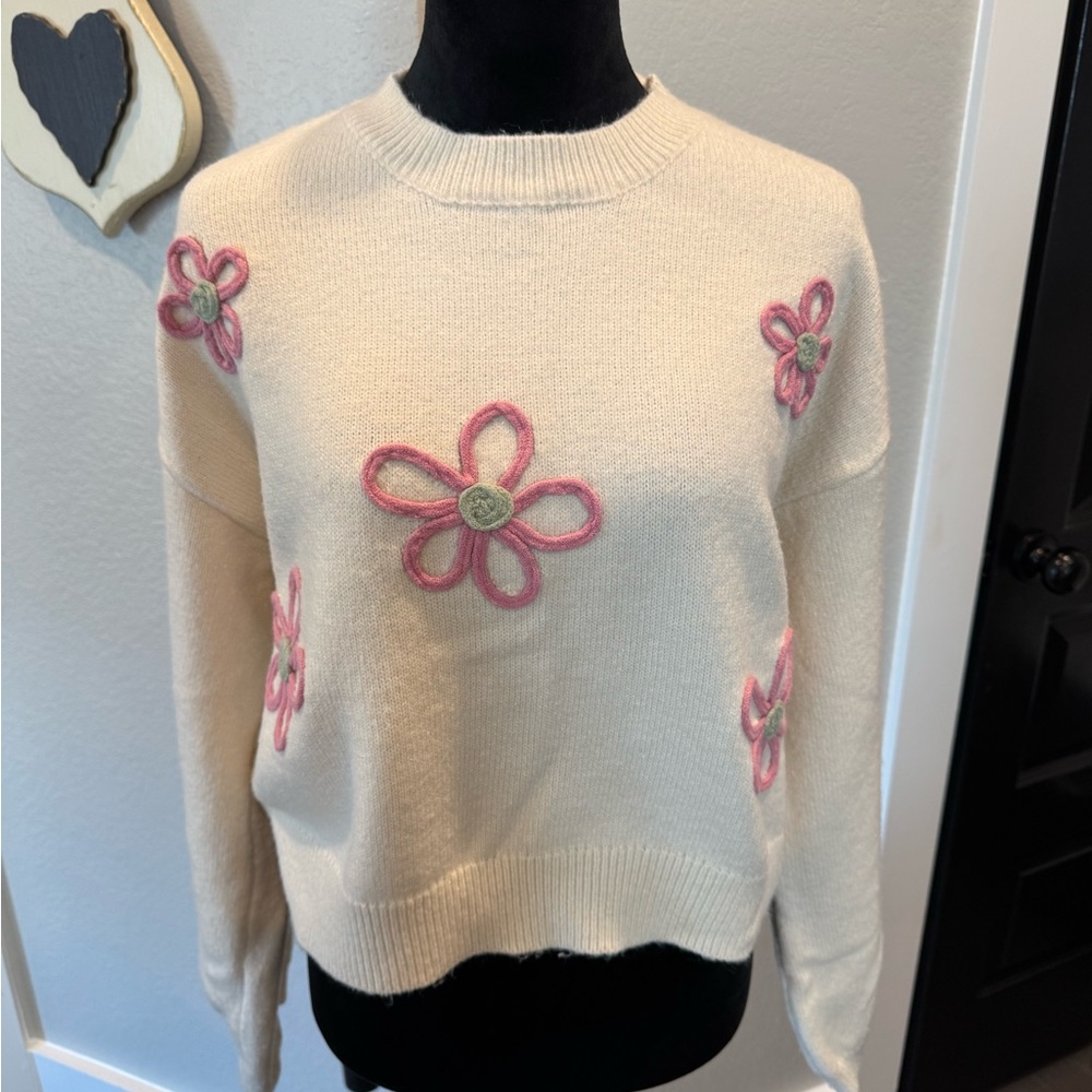 Listicle Cream Sweater with Pink Floral Design